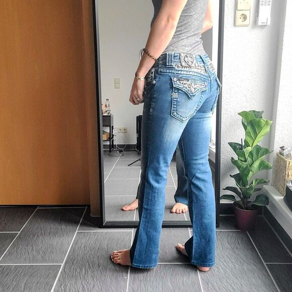 Miss Me Signature Rise Boot Cut Sequin & Embroidered Pockets Blue Denim Jeans 28 - Picture 5 of 16